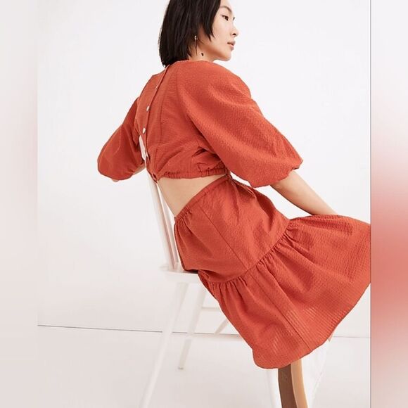 Madewell Orange Seersucker Puff-Sleeve Cutout Mini Dress XXL CottageCore Fall - Picture 2 of 9
